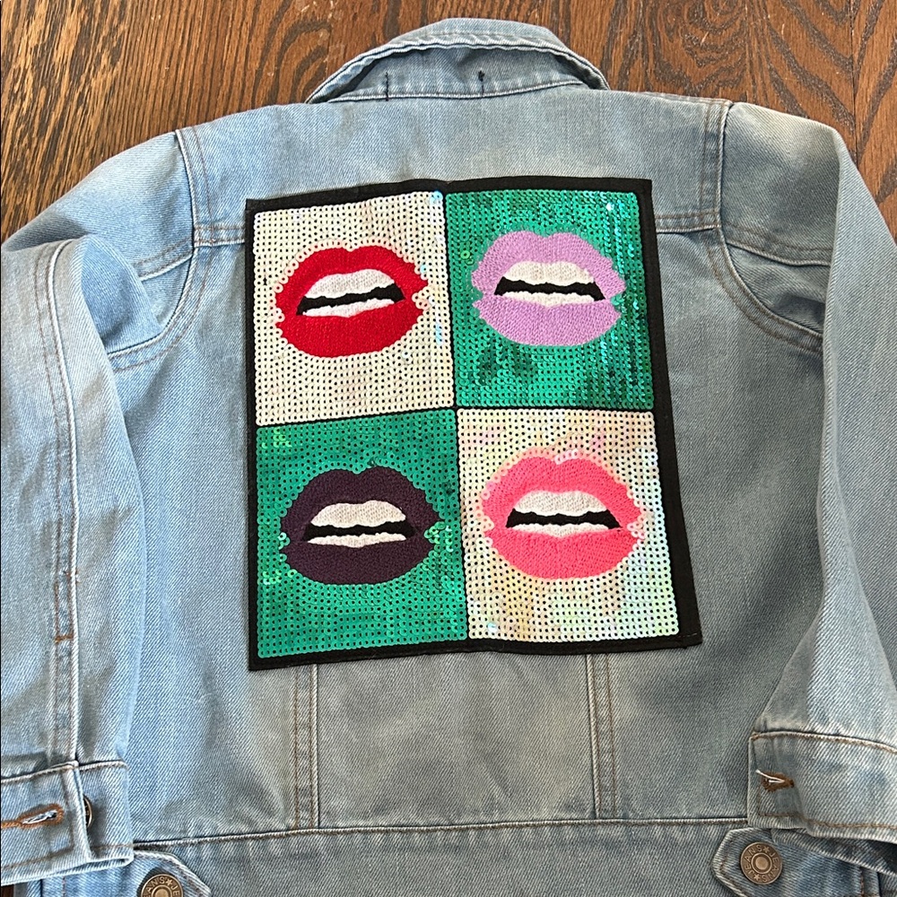Stylish Kids Denim Jacket with Sequin Lips Design